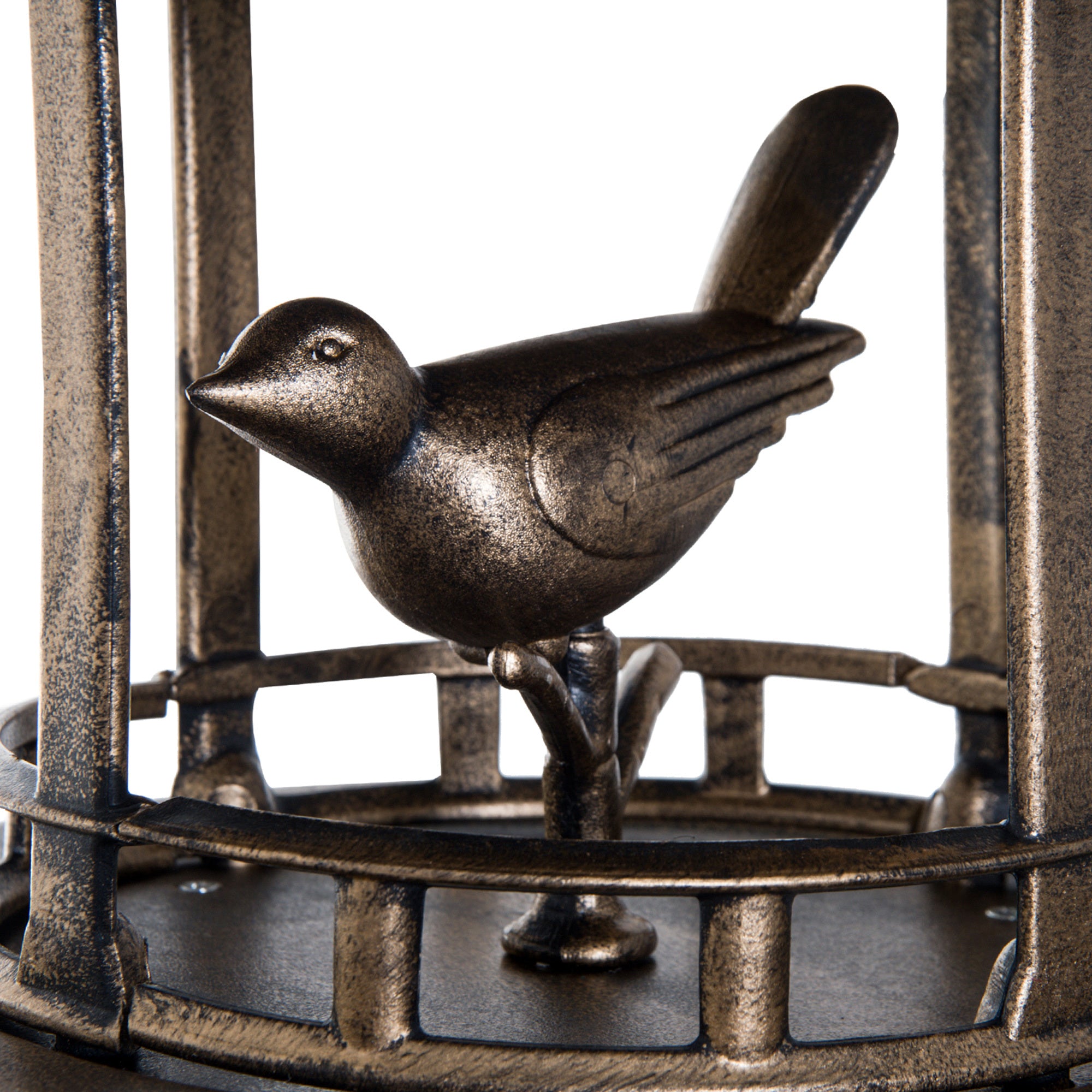sculpted bird inside birdhouse finial detail on 3-in-1 bird bath