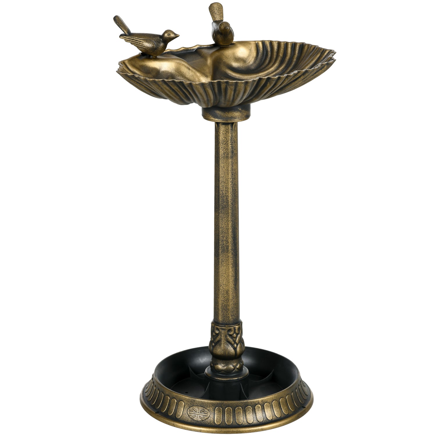32 inch antique bronze bird bath with twin sculpted songbirds on shell shaped basin