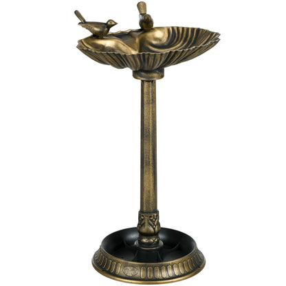32 inch antique bronze bird bath with twin sculpted songbirds on shell shaped basin