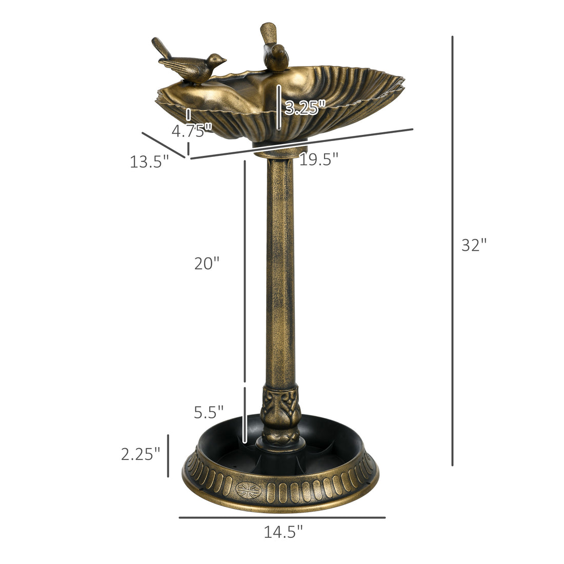 shell basin antique bronze bird bath dimensions 32 inch height with 19.5 by 15 inch basin
