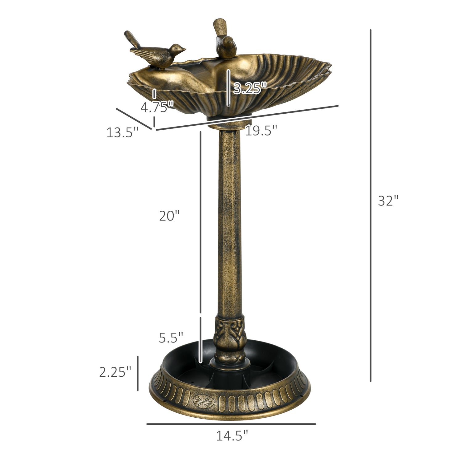 shell basin antique bronze bird bath dimensions 32 inch height with 19.5 by 15 inch basin