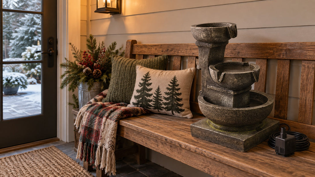 Small tiered fountain drained and stored on a wooden porch bench for winter, pump coiled beside it