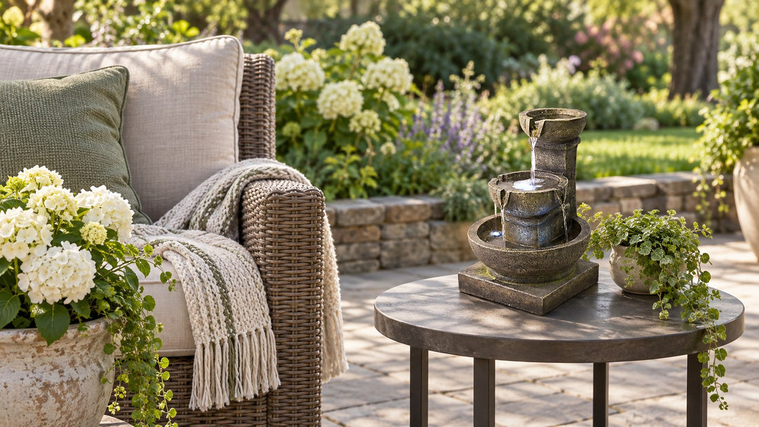 Small moss grey tiered fountain running on a round patio side table next to a wicker armchair