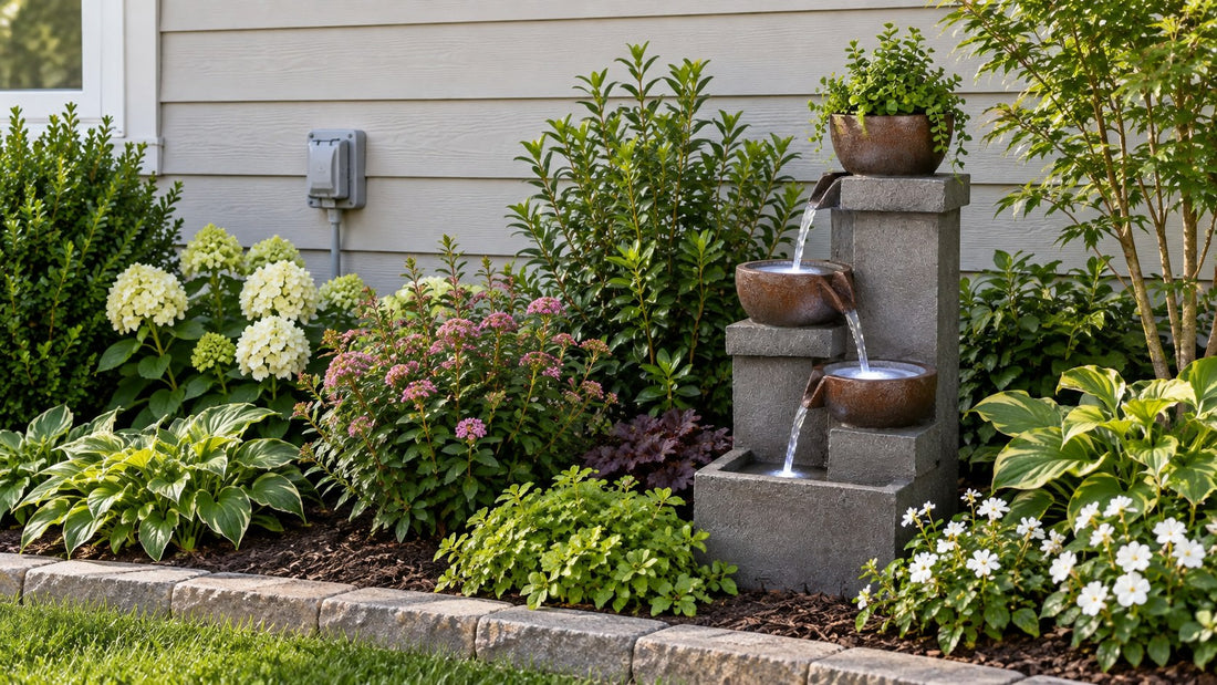 Small stepped fountain with rust brown bowls in a garden bed near an outdoor wall outlet