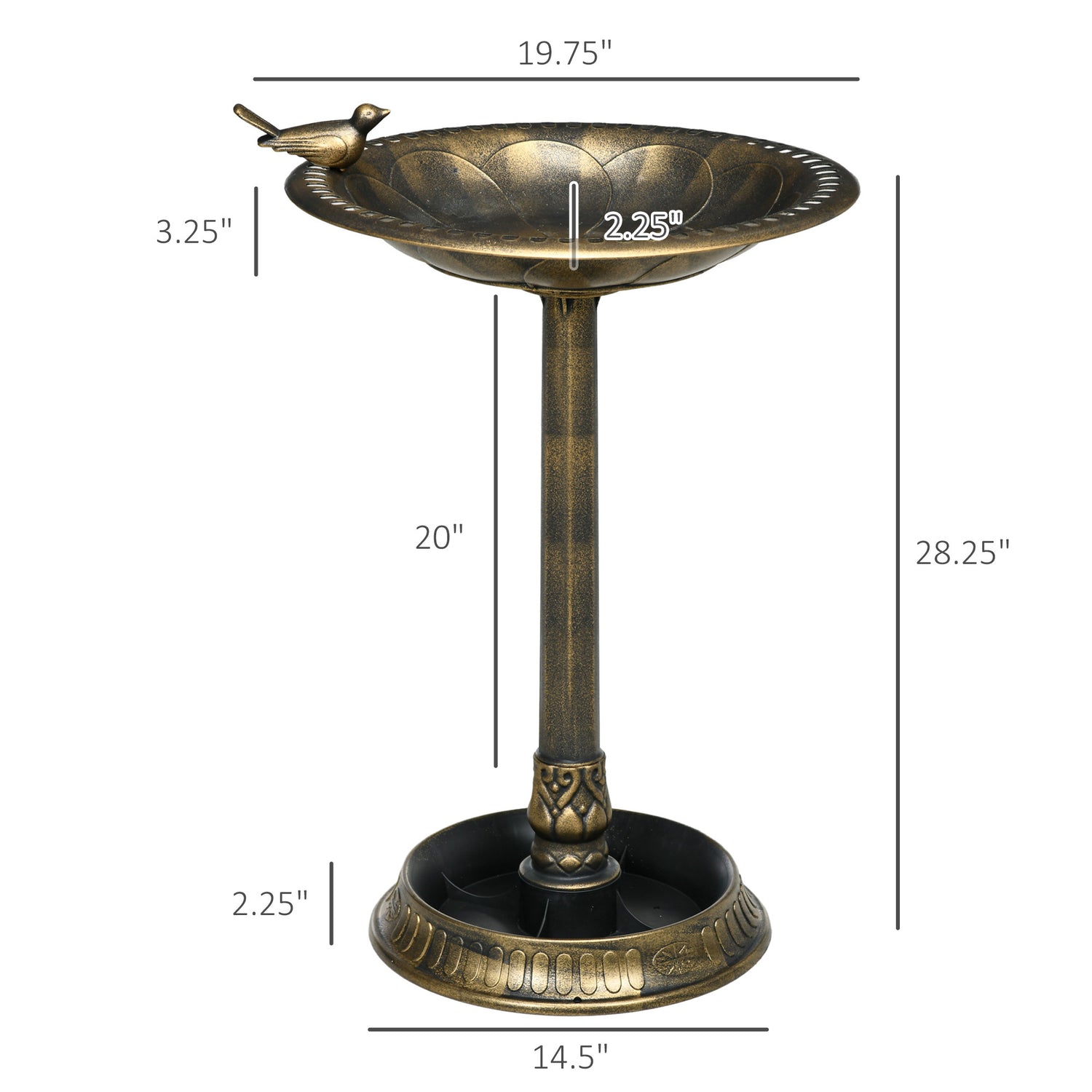 songbird antique bronze bird bath dimensions 28.25 inch height with 19.75 inch basin and 14.5 inch base