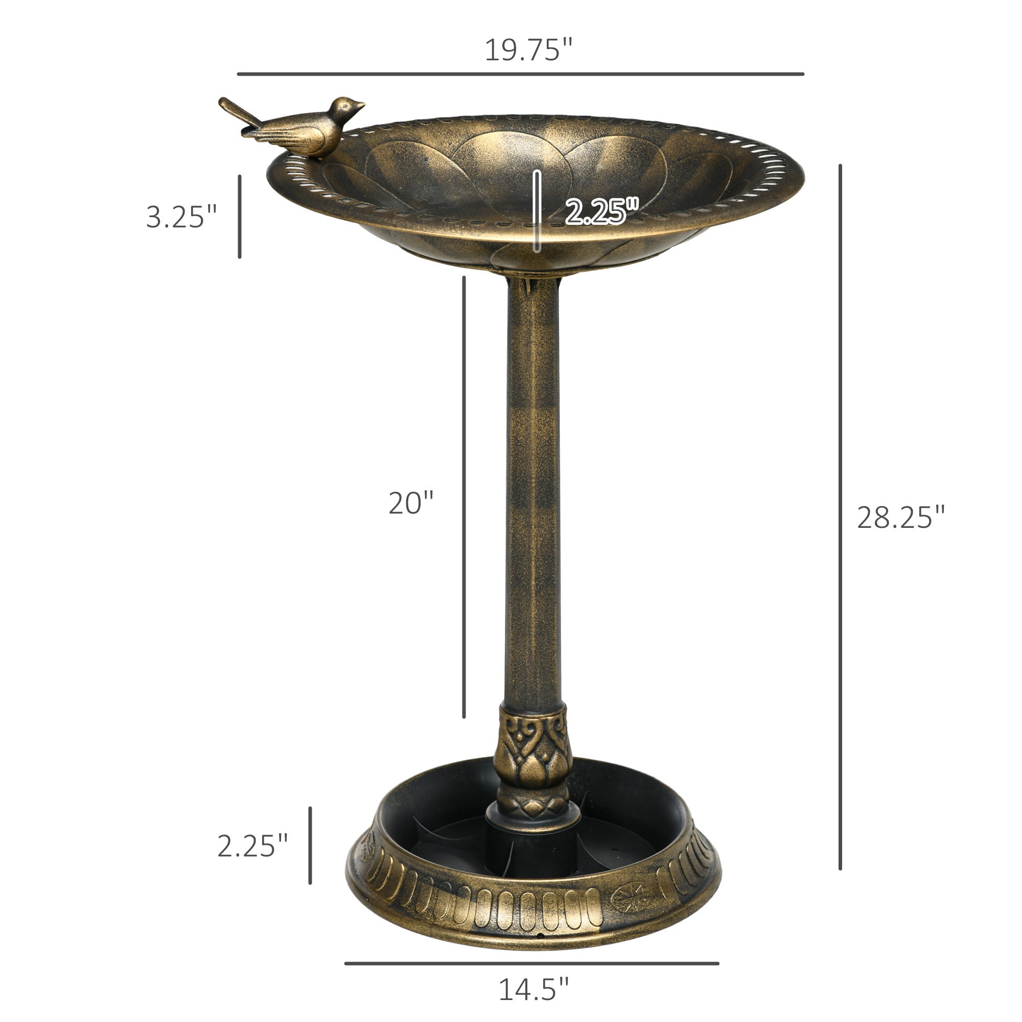 songbird antique bronze bird bath dimensions 28.25 inch height with 19.75 inch basin and 14.5 inch base