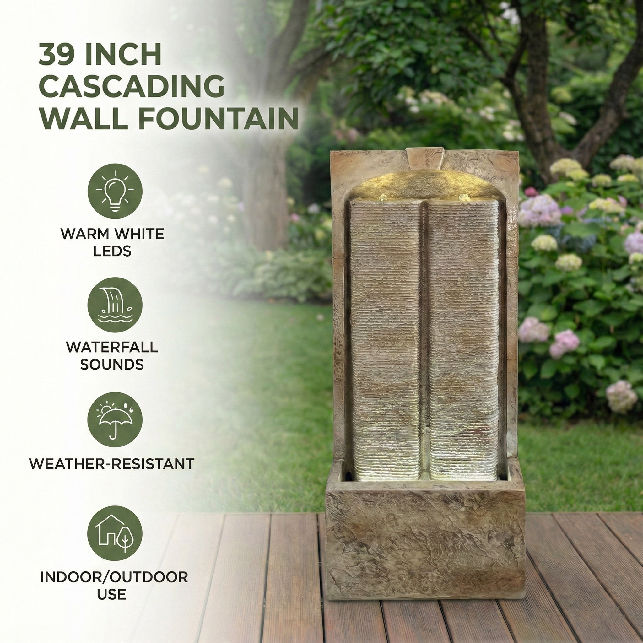 39 inch cascading wall fountain feature overview