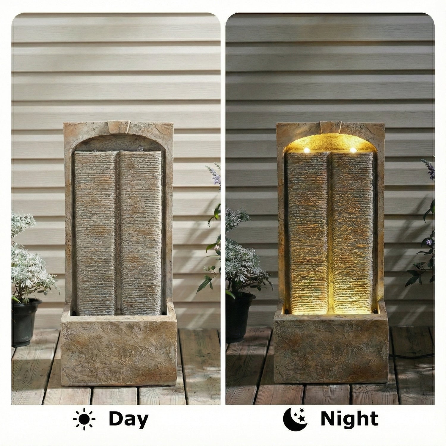 split sandstone column fountain day and night LED comparison