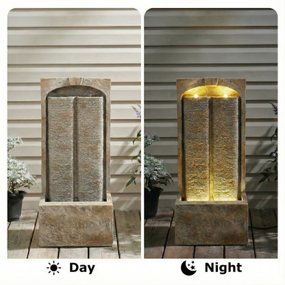 split sandstone column fountain day and night LED comparison
