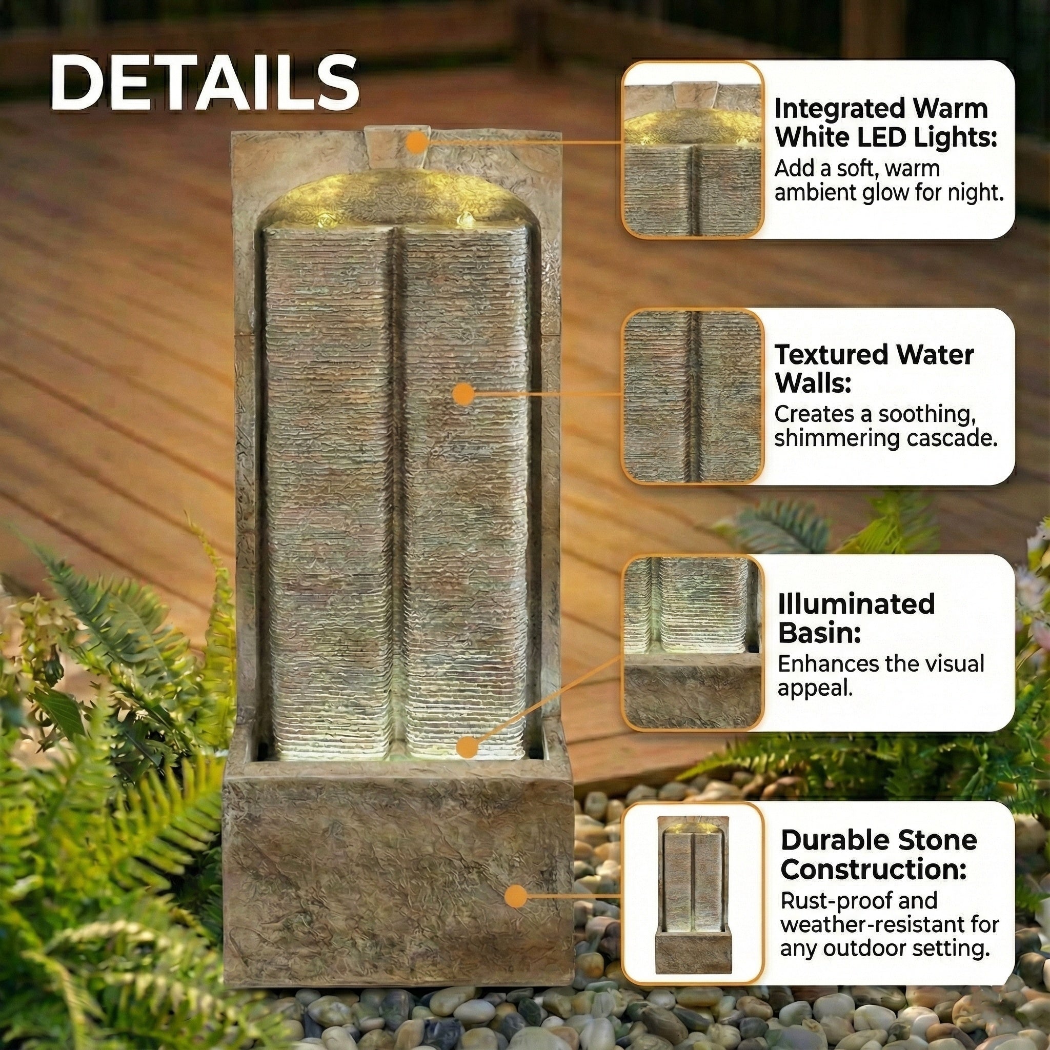 feature details of split sandstone column fountain