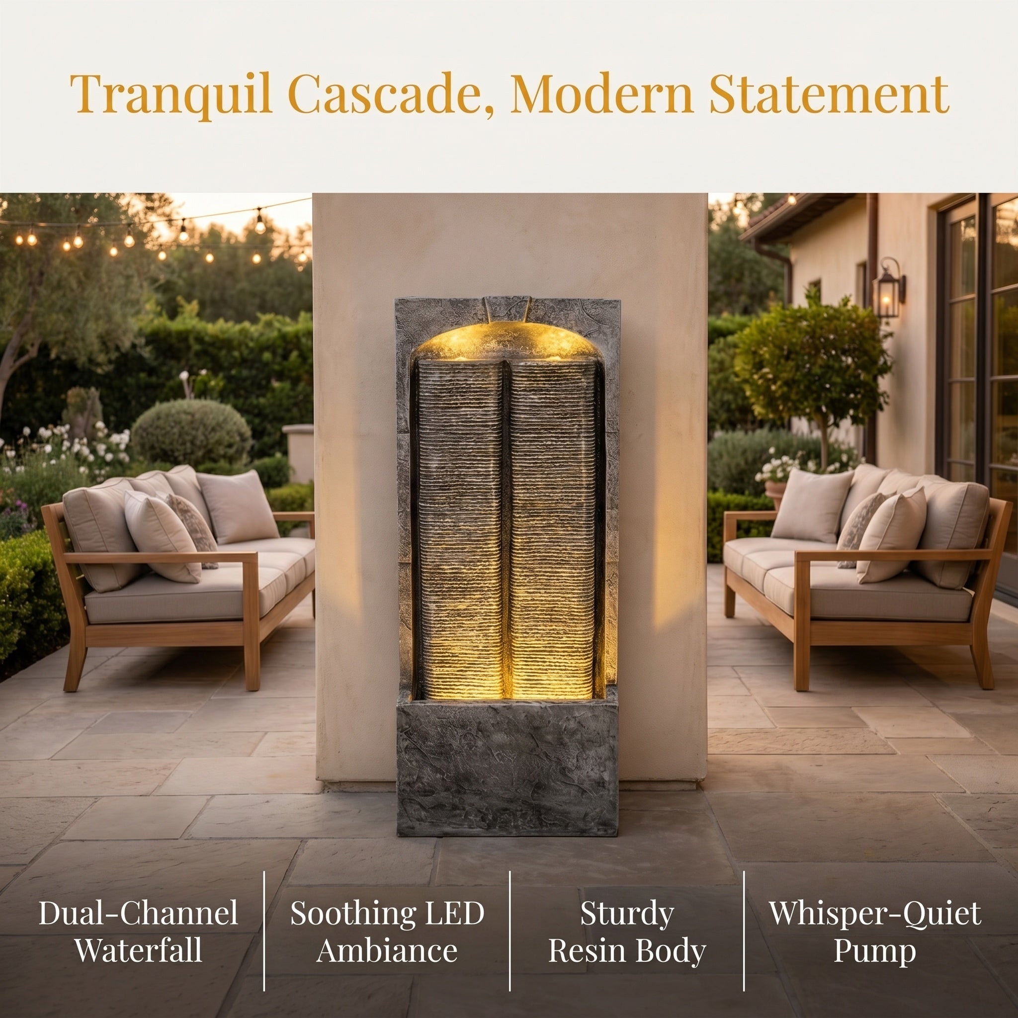 split slate column fountain on patio with outdoor lounge furniture