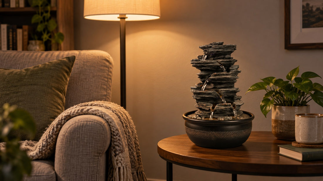Stacked slate tabletop fountain on a side table beside an armchair with a floor lamp lit low