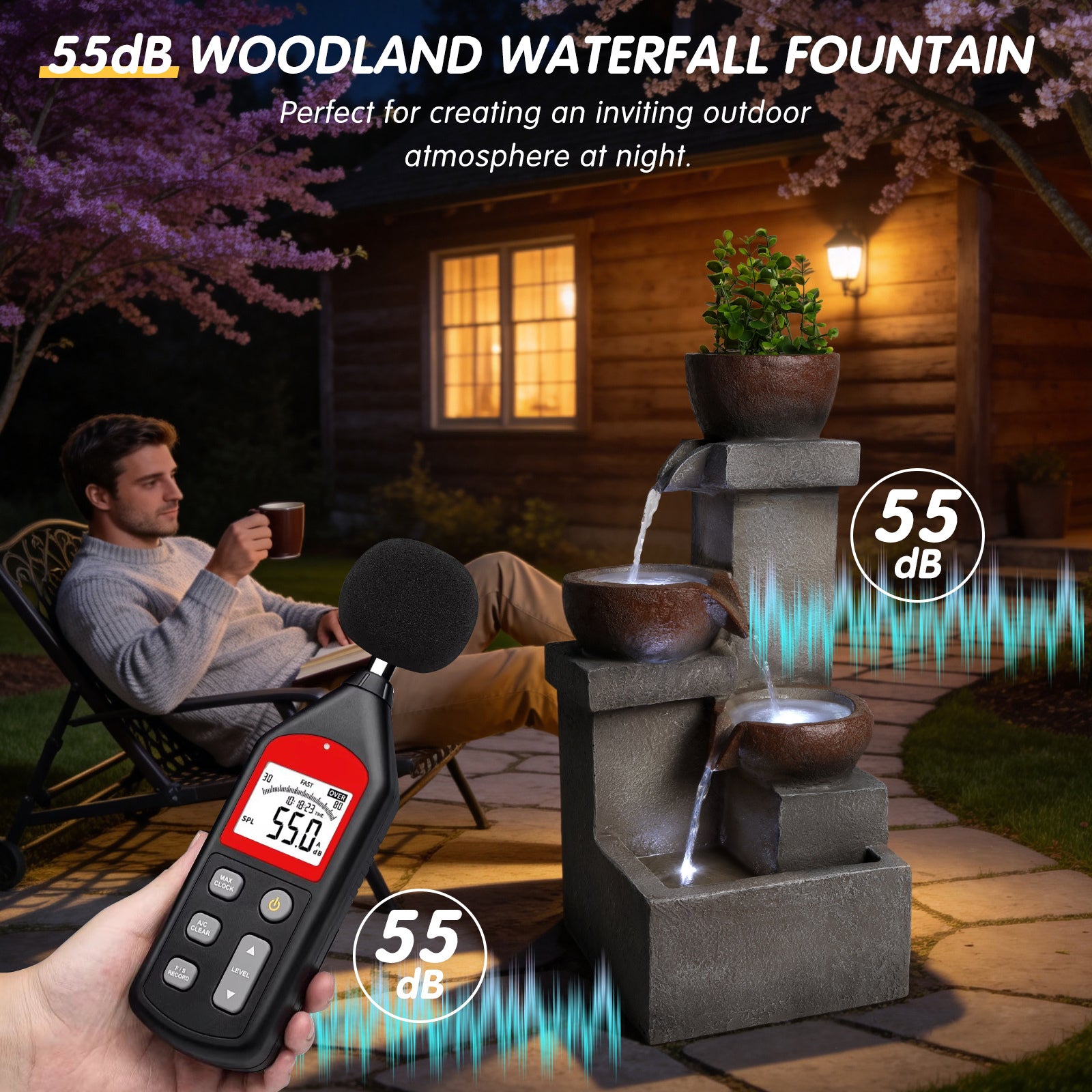 55 decibel sound level demonstration of stacked stone planter fountain