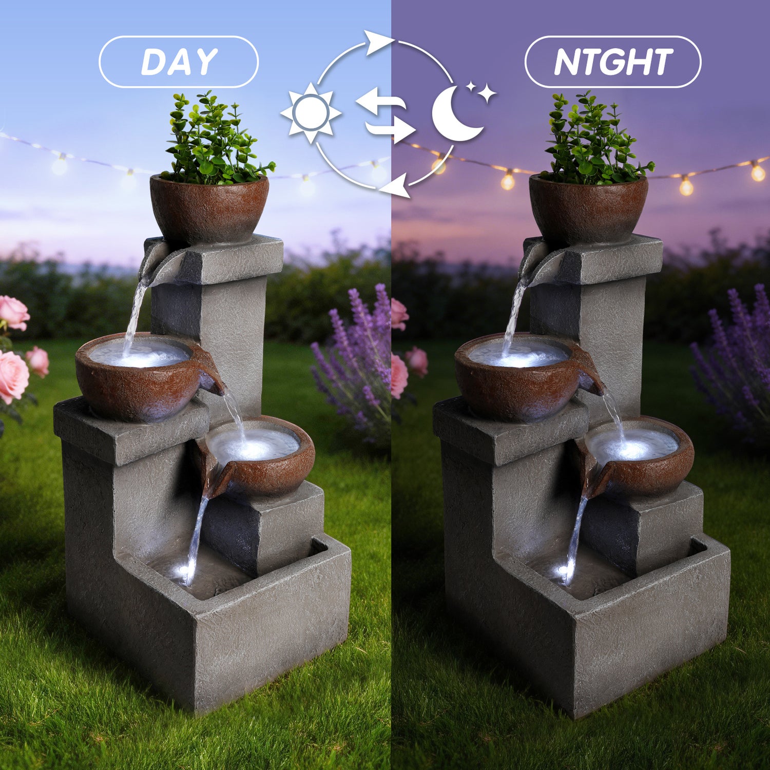 stacked stone planter fountain day and night LED comparison