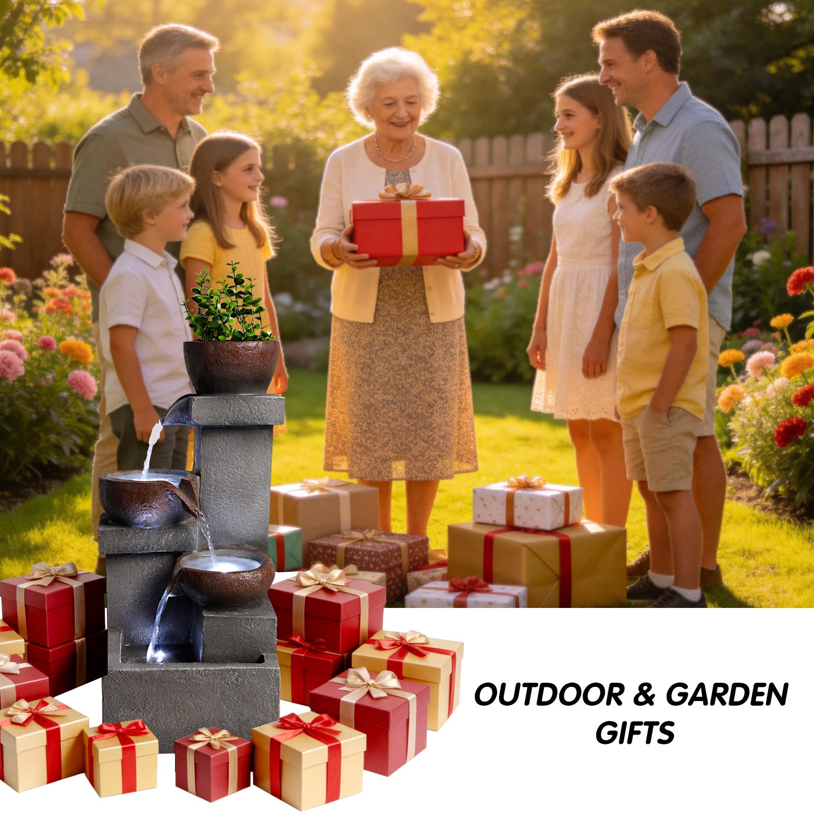 family gathering outdoors beside stacked stone planter cascade fountain