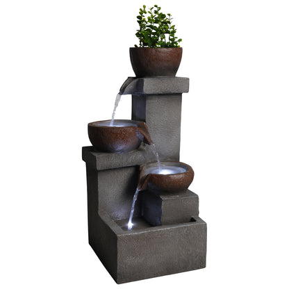 stacked stone planter cascade fountain full product view with bronze bowls