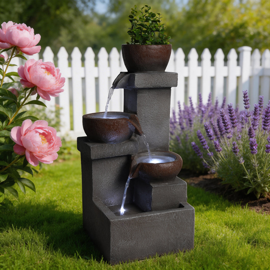 stacked stone planter cascade fountain by a white picket fence with roses