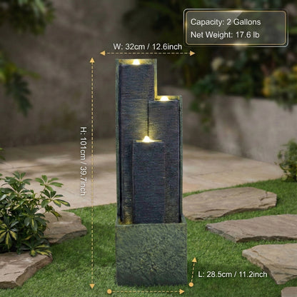 39.7 inch staggered cascading column fountain size and feature details