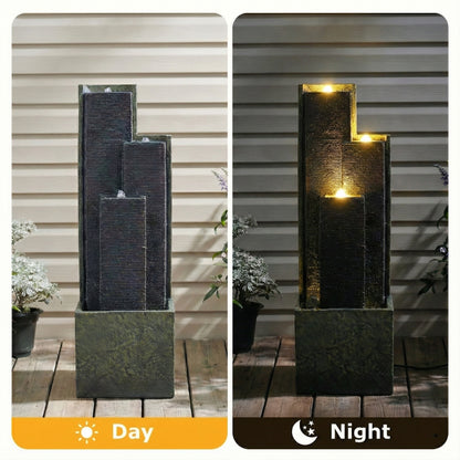 staggered cascading fountain day and night LED lighting comparison