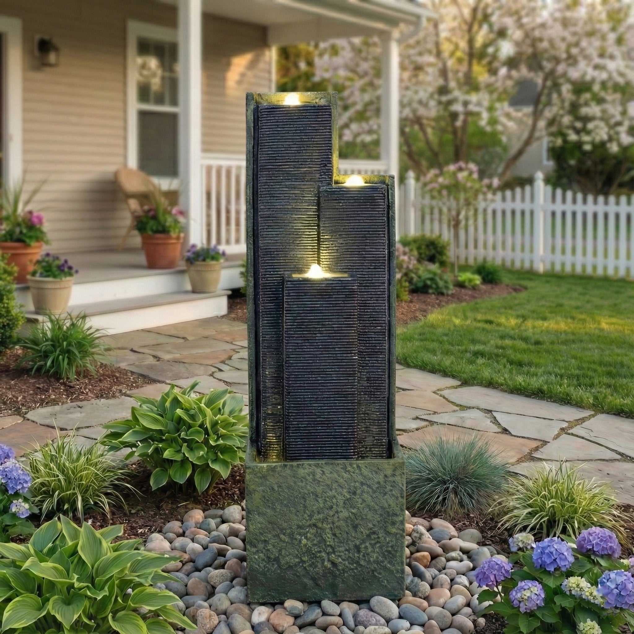 staggered slate cascading fountain beside entrance path with stone border