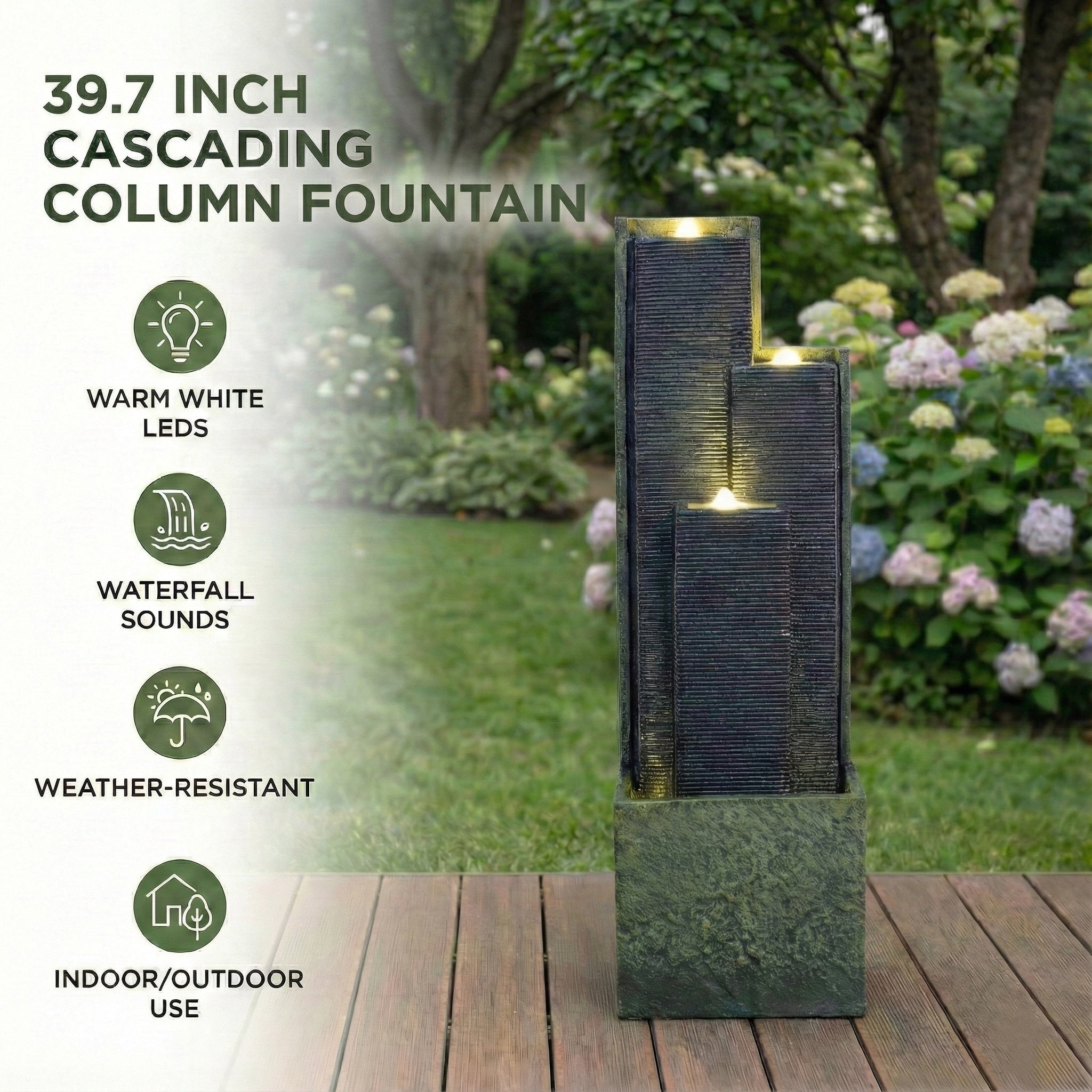 feature highlights of staggered slate cascading column fountain
