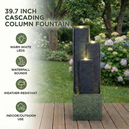 feature highlights of staggered slate cascading column fountain