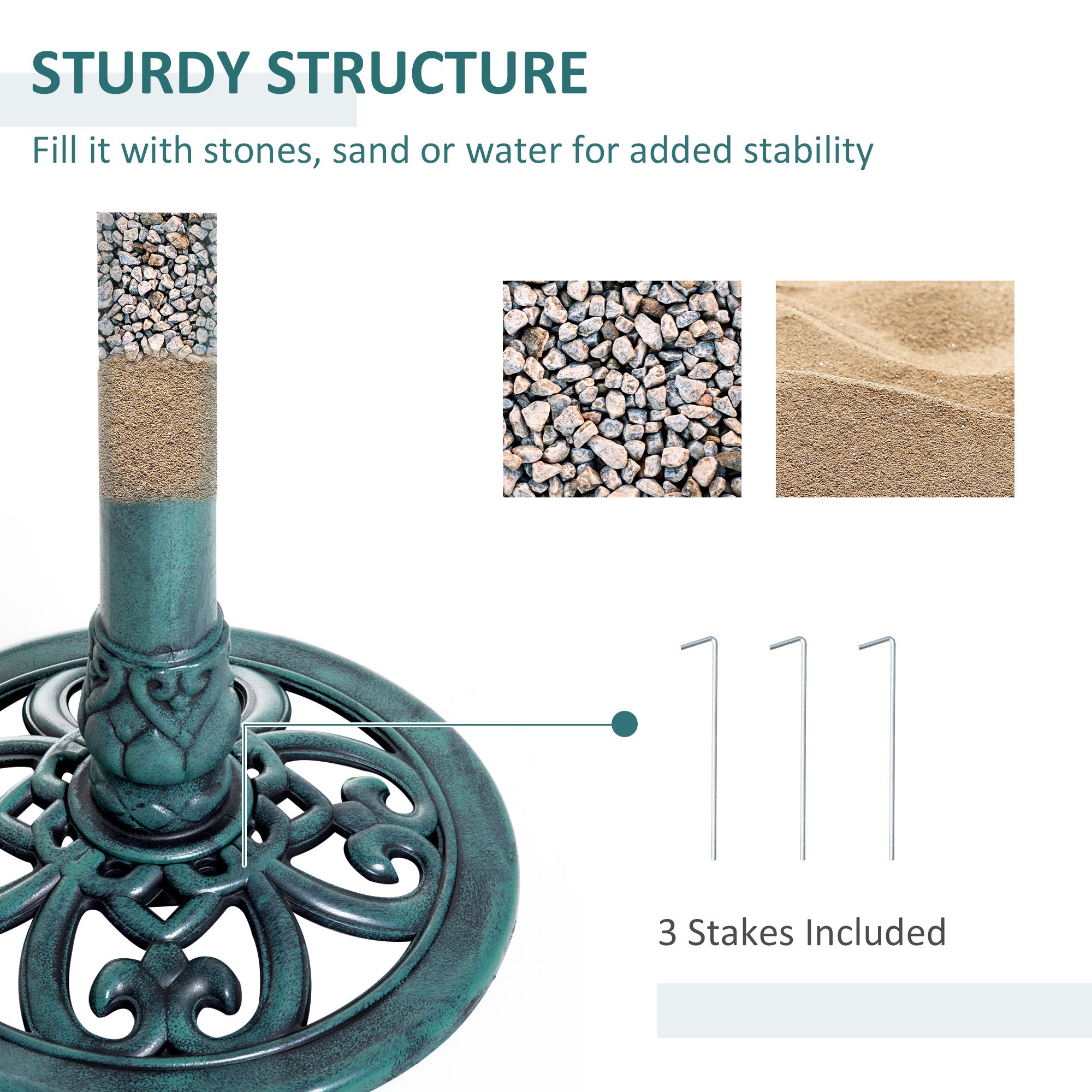 sturdy structure of verdigris bird bath with included ground stakes for stability