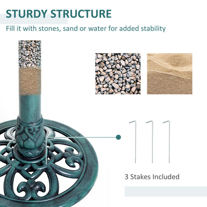 sturdy structure of verdigris bird bath with included ground stakes for stability