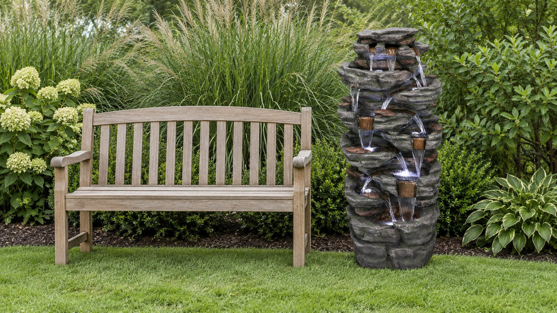 Tall stacked rock fountain with lit waterfalls beside a wooden garden bench on a green lawn