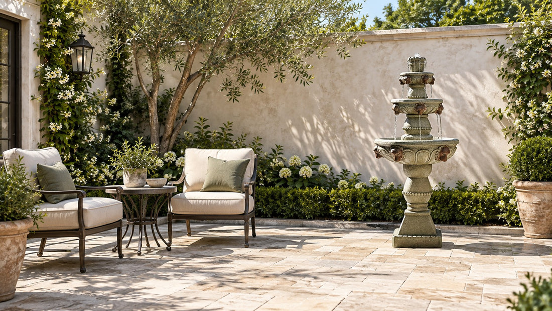 Tiered concrete fountain running against a courtyard wall with two chairs across the paving