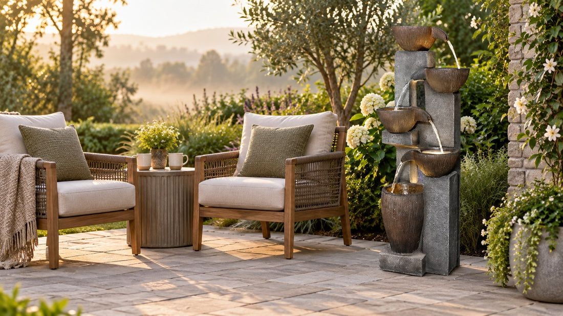 Waterfall fountain pouring from bowl to bowl into a tall jar beside two patio chairs in morning light