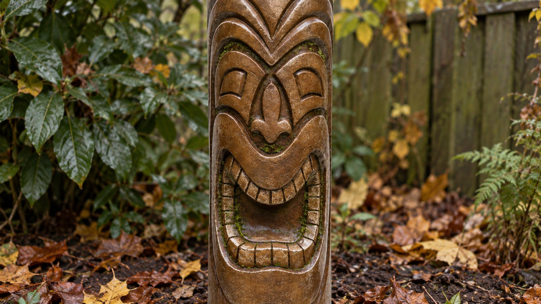 Close view of moss settled into the carved lines of a tiki totem statue in autumn