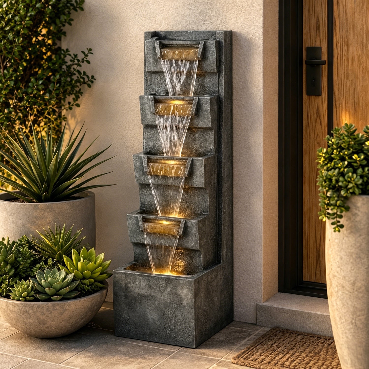 tilted basin cascade tower fountain at a front entryway with potted plants