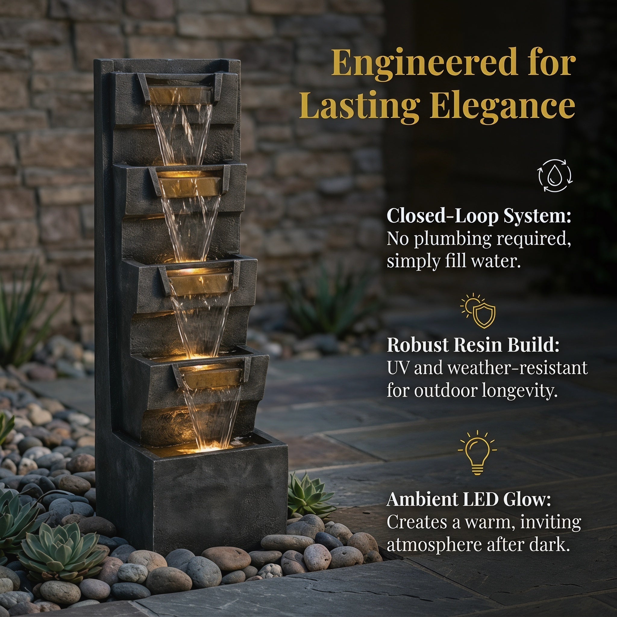 feature details of tilted basin cascade tower fountain