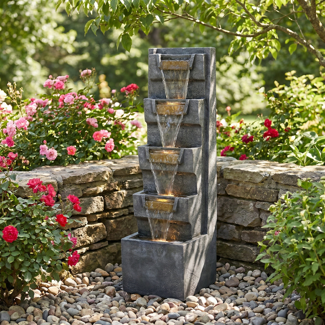 tilted basin cascade tower fountain in a garden bed with pink roses and stone wall