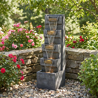 tilted basin cascade tower fountain in a garden bed with pink roses and stone wall