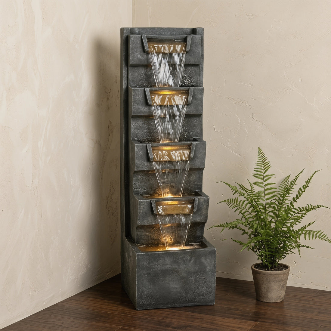 tilted basin cascade tower fountain in a neutral corner setting