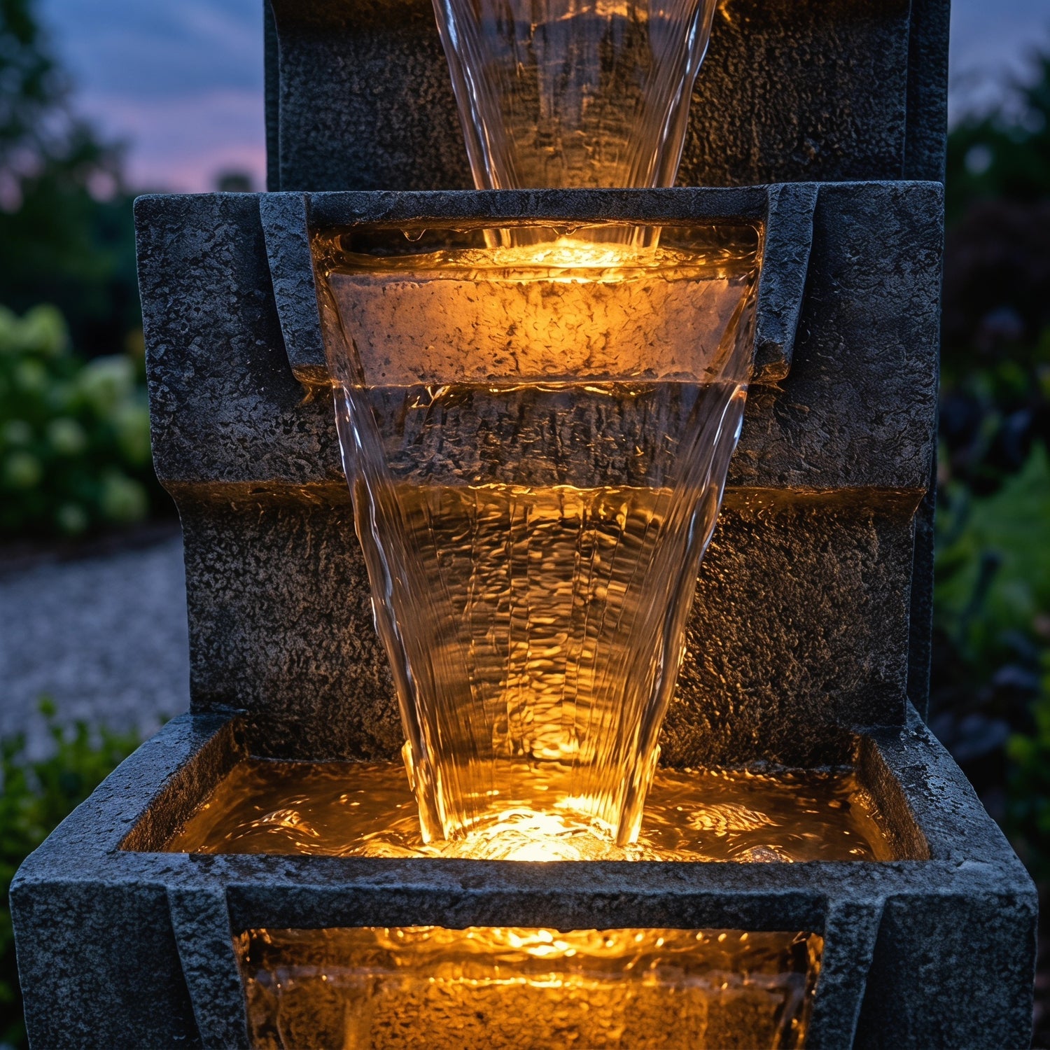 closeup of warm lit tilted basins with falling water at night