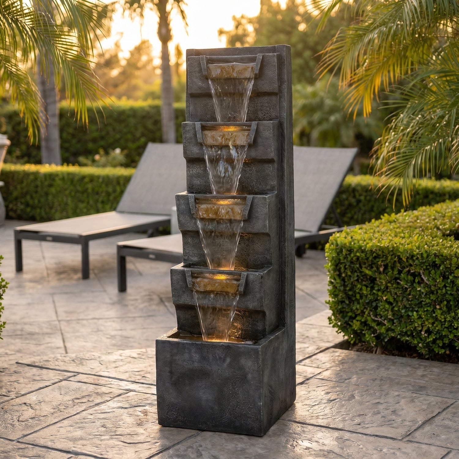 tilted basin cascade tower fountain on patio near lounge chairs at dusk