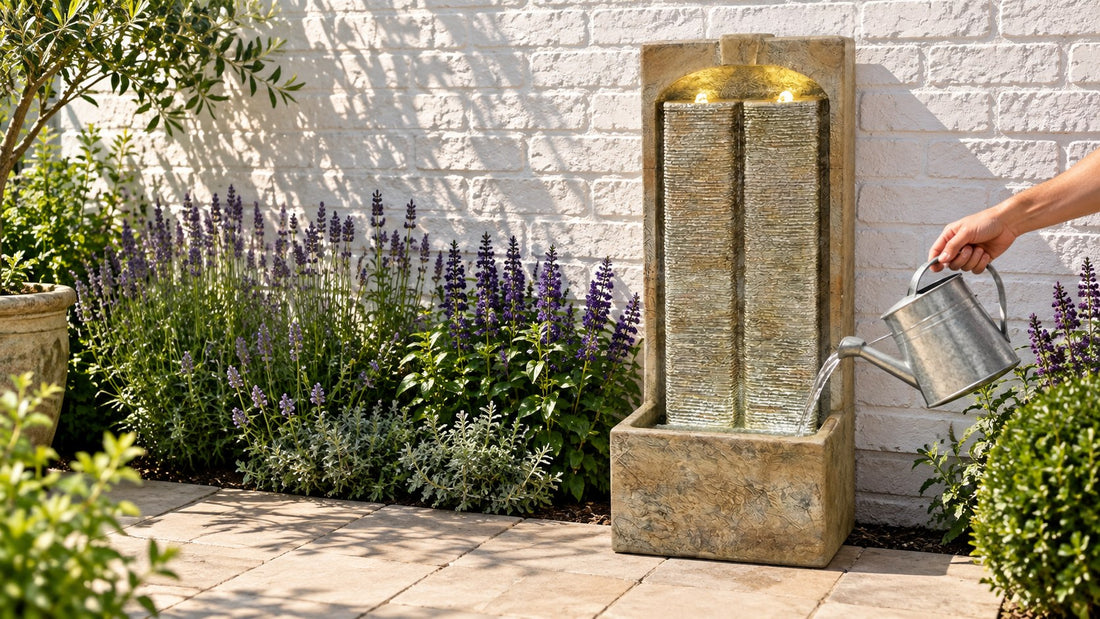 Hand topping up a sandstone wall fountain with a watering can against a white brick wall