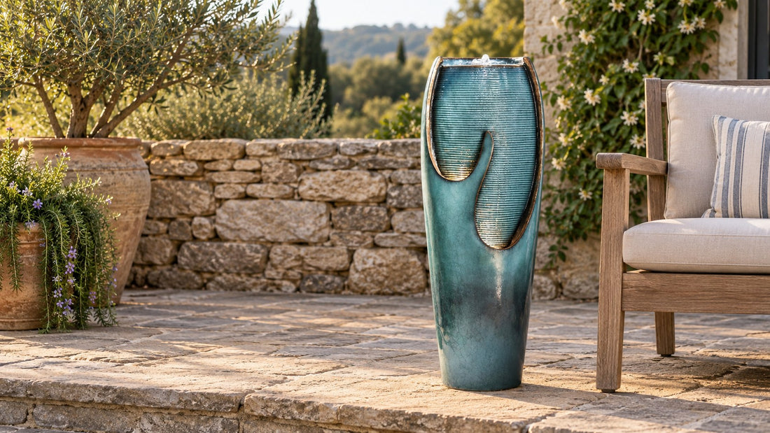 Turquoise crackle glazed jar fountain running on a stone terrace beside a wooden chair and potted olive tree