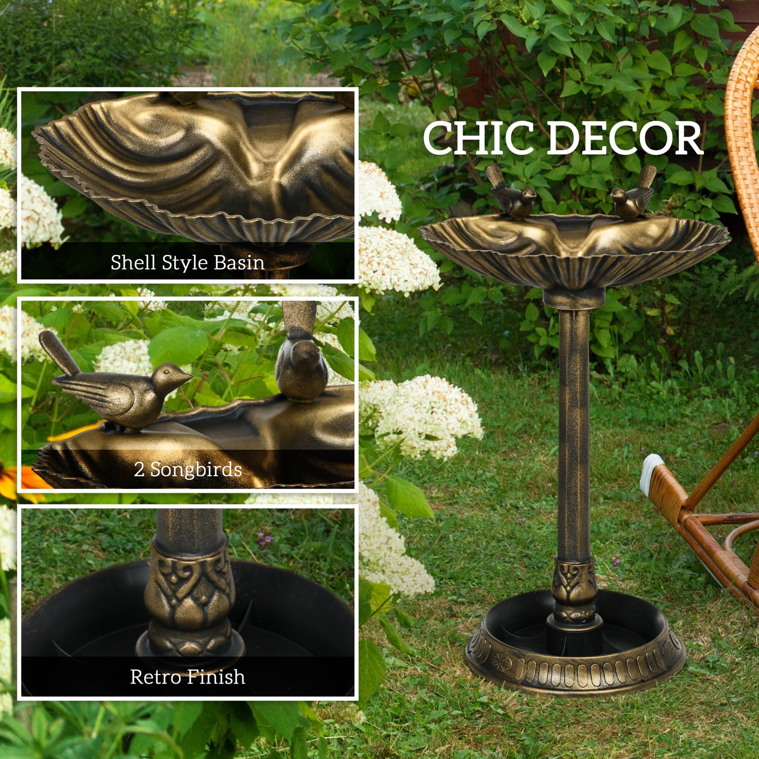twin songbird verdigris bird bath as a vintage garden centerpiece