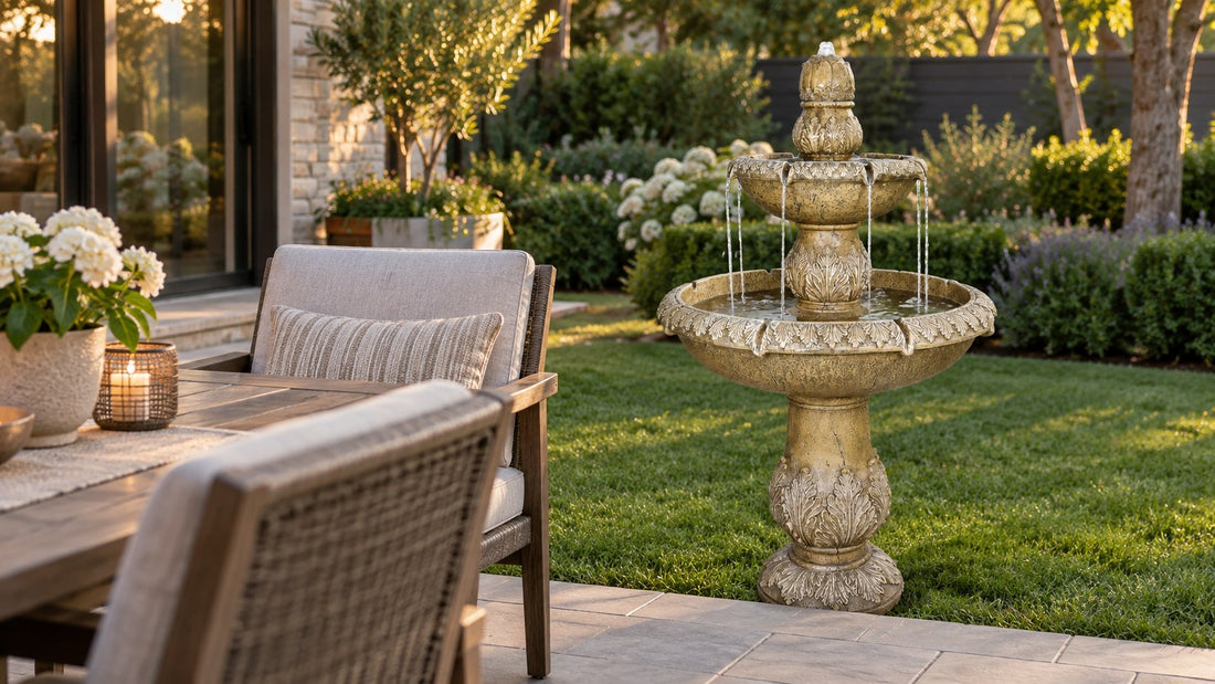 Two tier fountain with a lotus finial on a lawn, seen from a patio dining table in evening light
