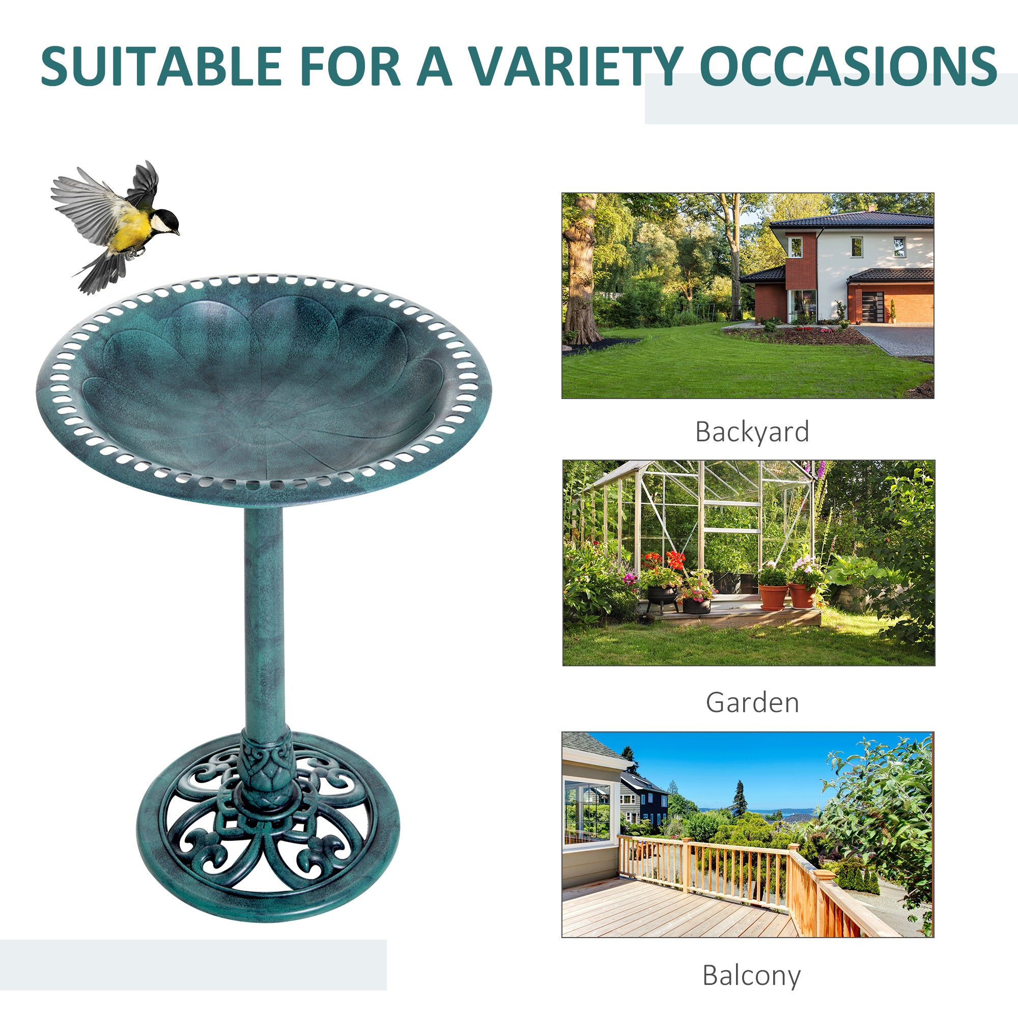 green verdigris bird bath suitable for garden patio and yard occasions