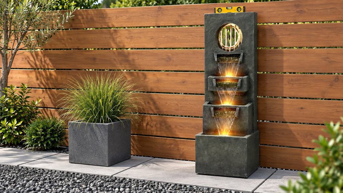 Moon gate wall fountain set level on pavers against a slat fence, a spirit level resting on top