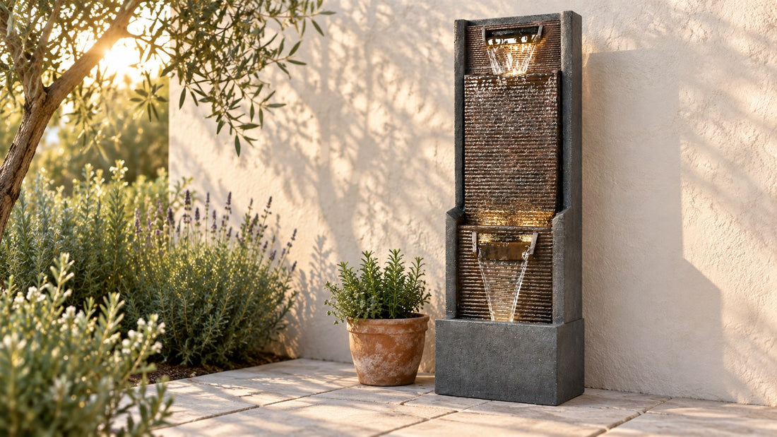 Slim wall fountain with a curtain of water over a ribbed panel, standing against a stucco wall in morning sun