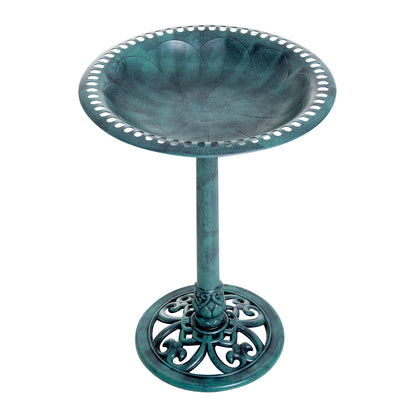 wide shell shaped basin top view of fleur-de-lis verdigris bird bath