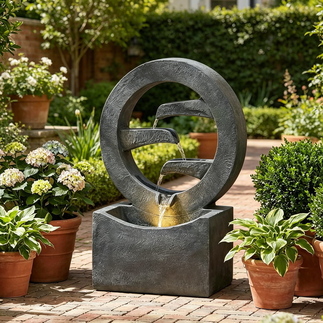 zen ring cascade fountain in a garden corner with potted plants