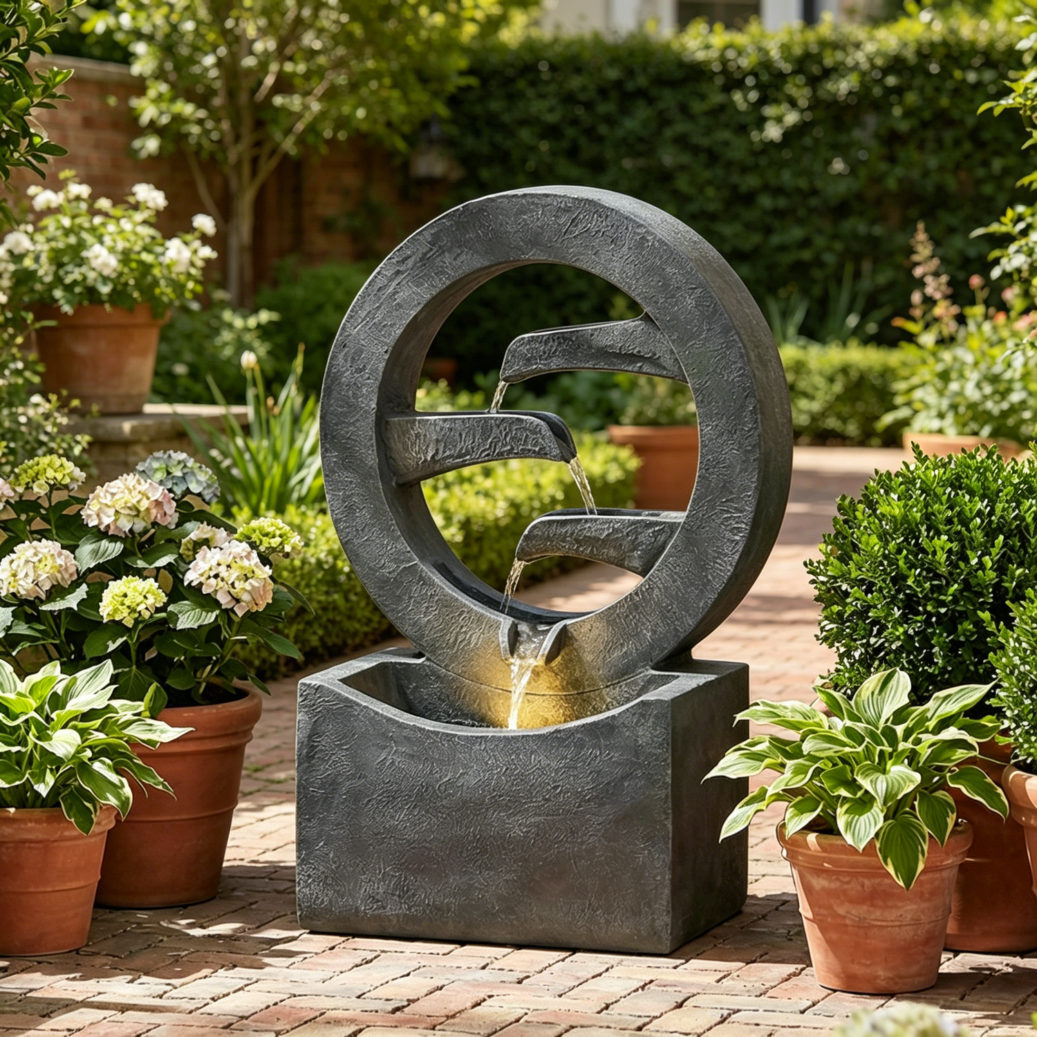 zen ring cascade fountain in a garden corner with potted plants