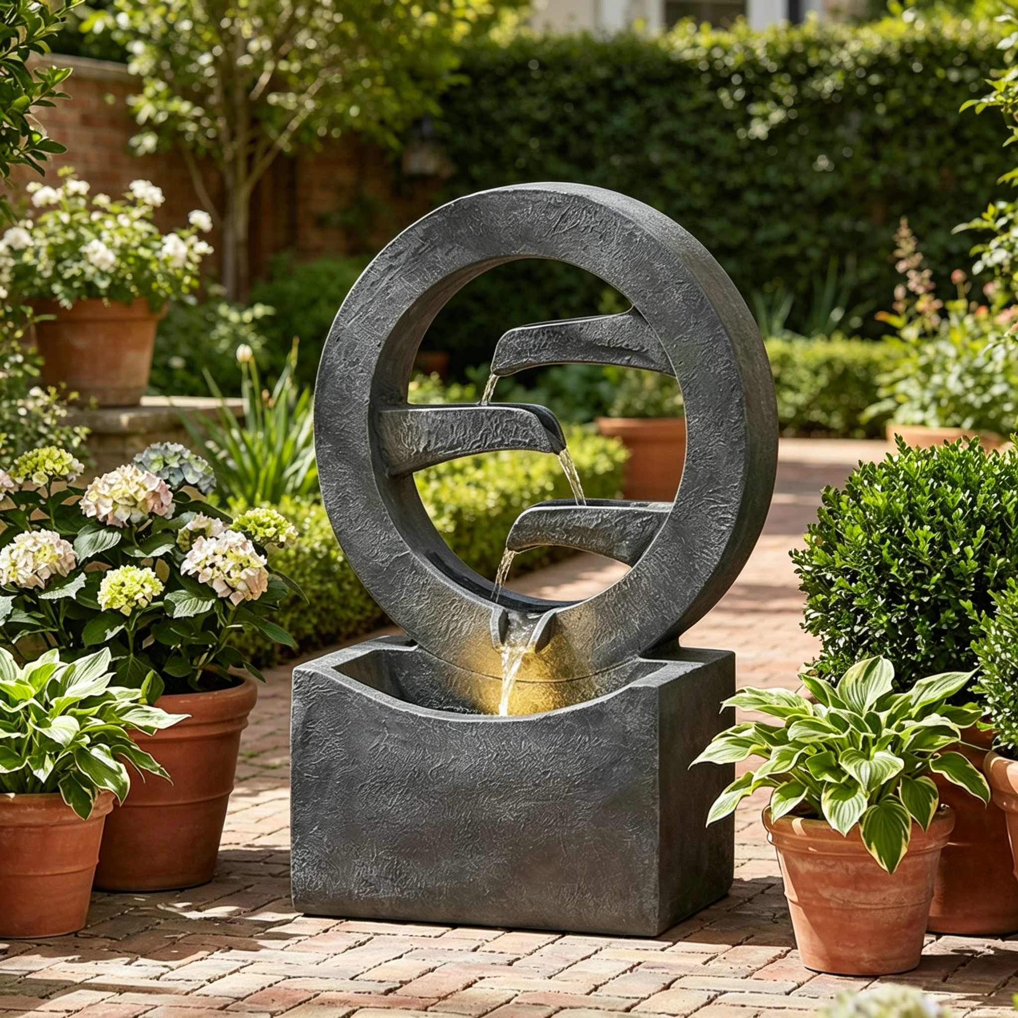 zen ring cascade fountain in a garden corner with potted plants
